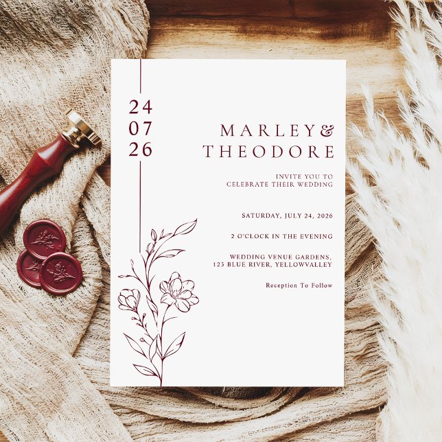 Modern Burgundy Typography Floral Line Art Wedding Invitation (Creator Uploaded)