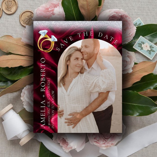 Modern Burgundy Velvet Save the Date Photo Card (Creator Uploaded)
