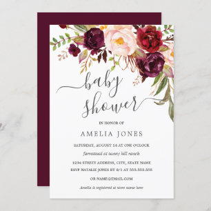 Modern Burgundy Watercolor Floral Baby Shower Invitation