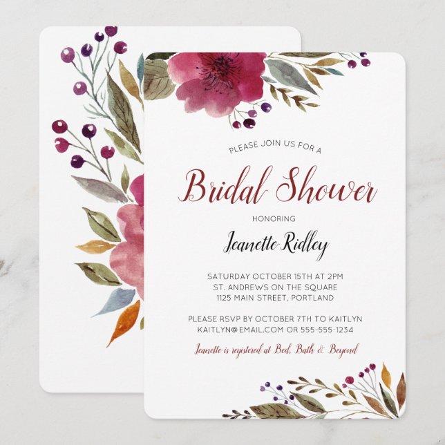 Modern Burgundy Watercolor Floral Bridal Shower Invitation (Front/Back)