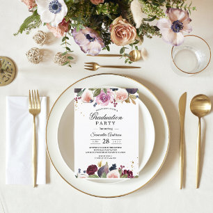 Modern  Burgundy Watercolor Flowers & Berry  Invitation