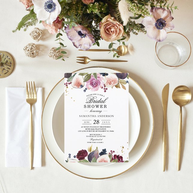 Modern  Burgundy Watercolor Flowers & Berry  Invitation (Creator Uploaded)