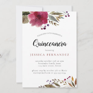Modern Burgundy Watercolor Flowers Quinceañera Invitation