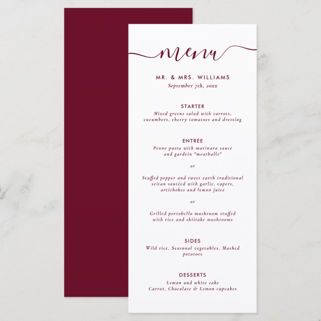 Modern Burgundy Wedding Menu (Front/Back)