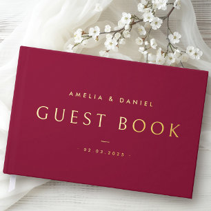 Modern burgundy wedding names and date real guest book