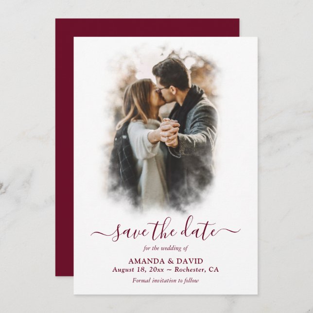 Modern Burgundy Wedding Photo Save The Date (Front/Back)