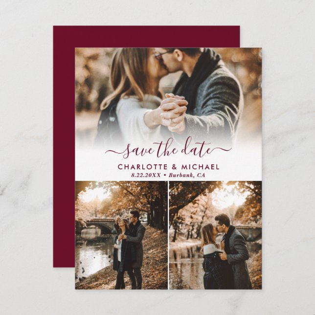Modern Burgundy Wedding Photo Save The Date Card (Front/Back)