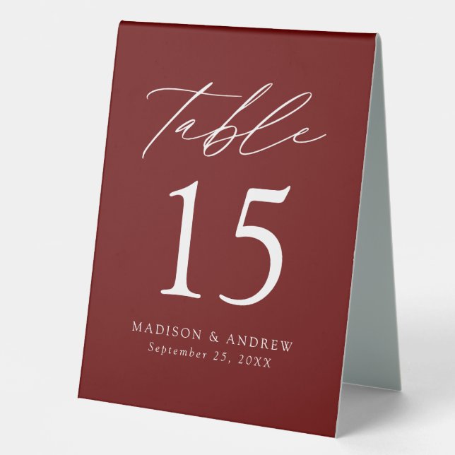 Modern Burgundy Wedding Table Number (Front)