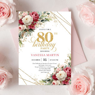 Modern Burgundy White Gold 80th Birthday Invite