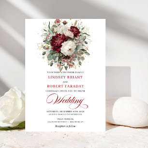 Modern Burgundy White Gold Floral Wedding Invite