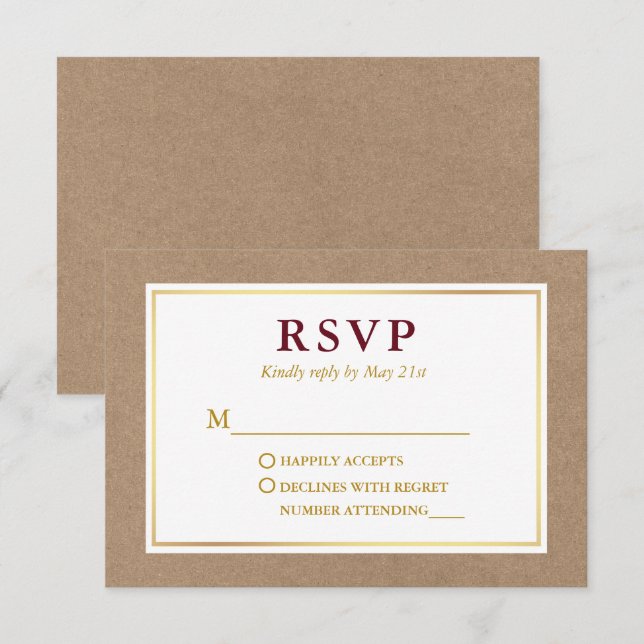 Modern Burgundy White Gold Kraft RSVP Card (Front/Back)