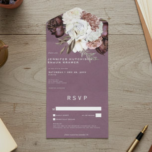 Modern Burgundy & White Peonies & Roses No Dinner All In One Invitation