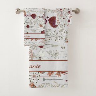 Modern Burgundy Wildflowers Elegant Boho Floral Bath Towel Set