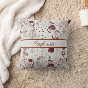 Modern Burgundy Wildflowers   Elegant Boho Floral  Cushion
