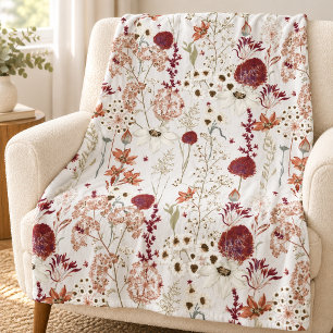 Modern Burgundy Wildflowers Elegant Boho Floral Fleece Blanket