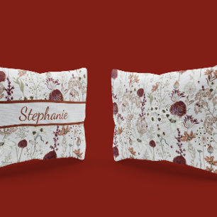 Modern Burgundy Wildflowers Elegant Boho Floral Pillowcase