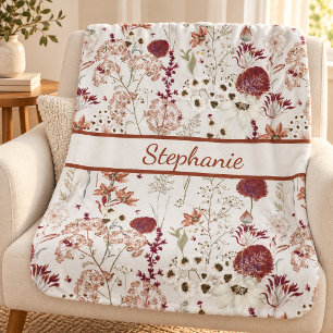 Modern Burgundy Wildflowers Elegant Boho Floral Sherpa Blanket