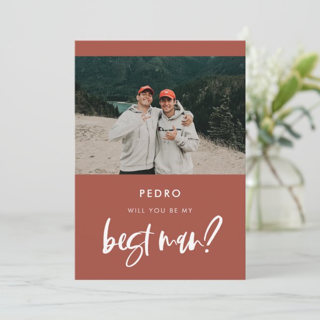 Modern burnt brick Best man proposal photo card (Standing Front)