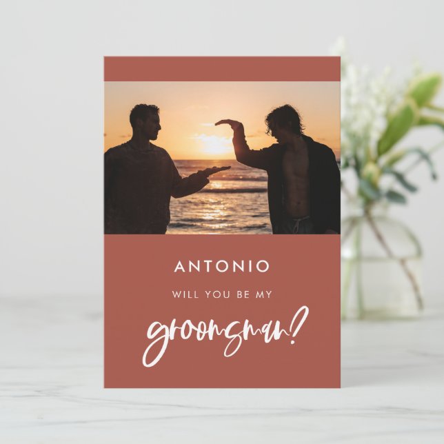 Modern burnt brick Groomsman proposal photo card (Standing Front)