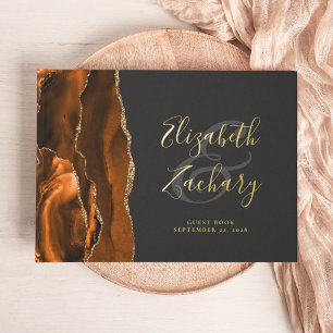 Modern Burnt Orange Agate Gold Script Dark Guest Book