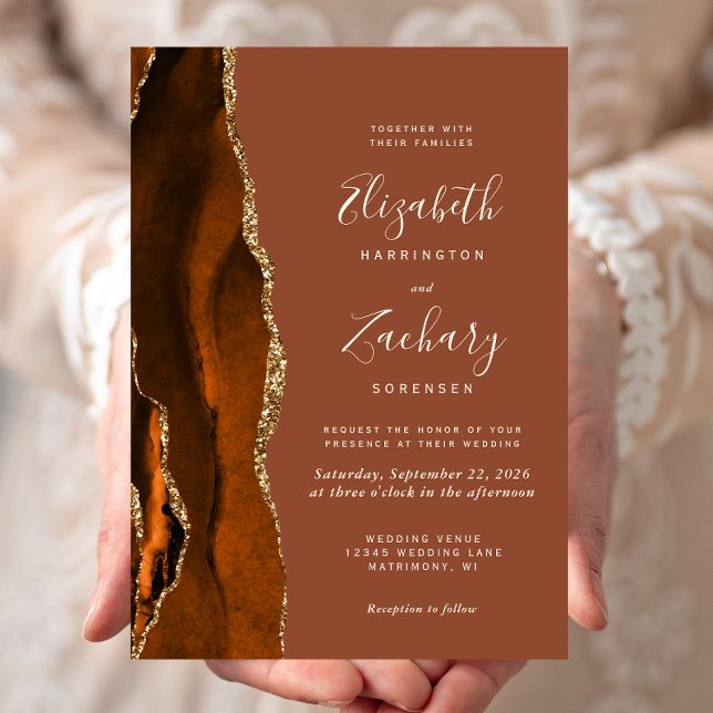 Modern Burnt Orange Agate Rust Wedding Invitation (Creator Uploaded)