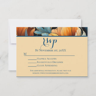Modern Burnt Orange and Blue Floral Wedding RSVP Card