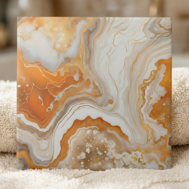 Modern Burnt Orange and Gold Liquid Marble Agate Ceramic Tile (Creator Uploaded)