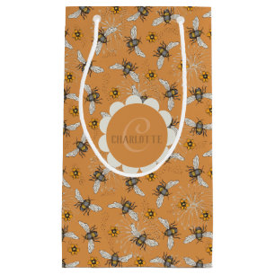 Modern Burnt Orange Bee and Daisy Initial Small Gift Bag