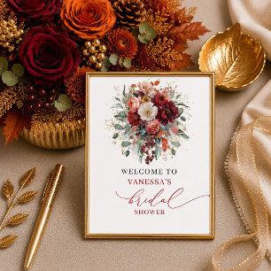 Modern burnt orange floral bridal shower tabletop poster