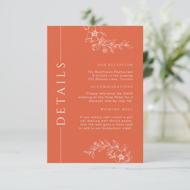 Modern Burnt Orange Floral Wedding Details Insert (Standing Front)