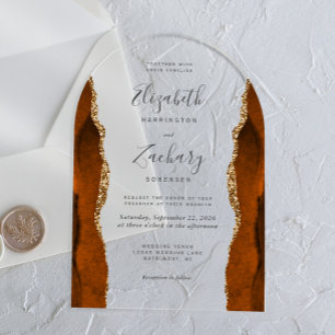 Modern Burnt Orange Gold Agate Arch Wedding Acrylic Invitations