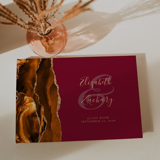 Modern Burnt Orange Gold Agate Burgundy Guest Book (Creator Uploaded)