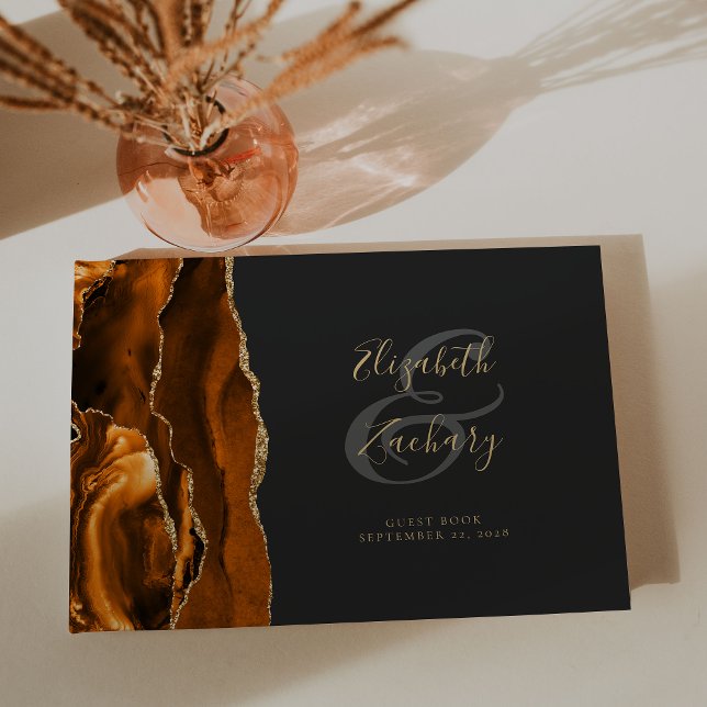 Modern Burnt Orange Gold Agate Dark Guest Book (Creator Uploaded)