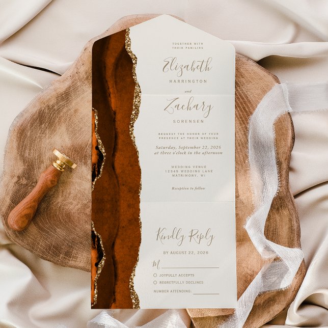 Modern Burnt Orange Gold Agate Ivory Wedding All In One Invitation (Creator Uploaded)