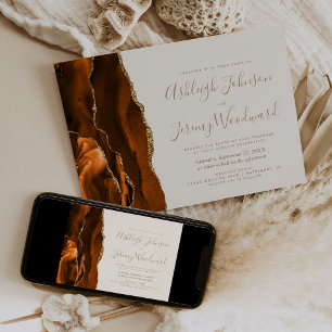 Modern Burnt Orange Gold Agate Ivory Wedding Invitation