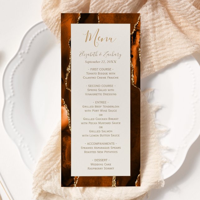 Modern Burnt Orange Gold Agate Ivory Wedding Menu (Creator Uploaded)
