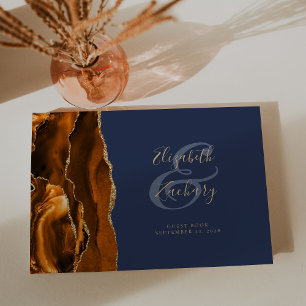 Modern Burnt Orange Gold Agate Navy Blue Guest Book