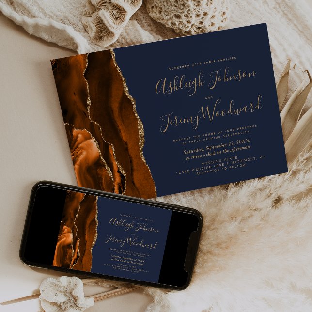 Modern Burnt Orange Gold Agate Navy Blue Wedding Invitation (Creator Uploaded)
