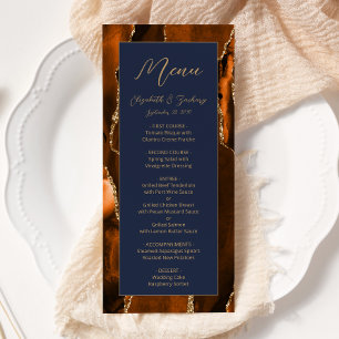 Modern Burnt Orange Gold Agate Navy Blue Wedding Menu