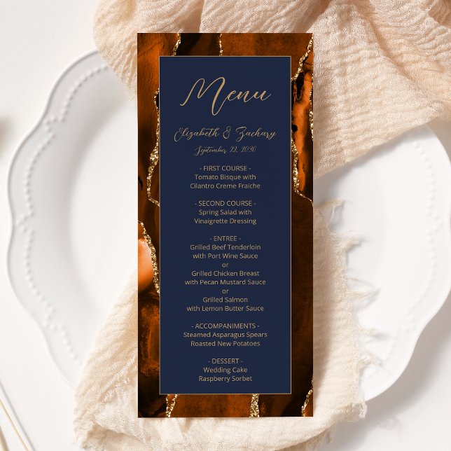 Modern Burnt Orange Gold Agate Navy Blue Wedding Menu (Creator Uploaded)