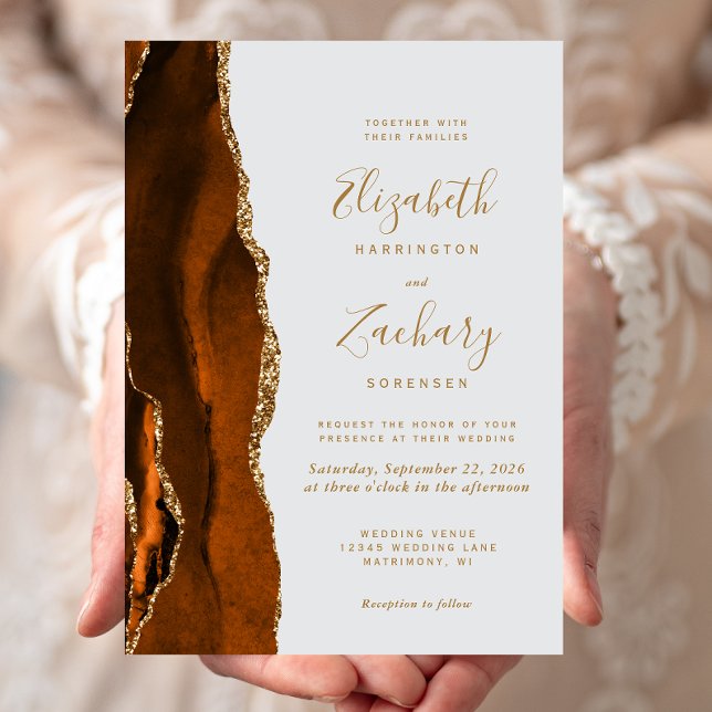 Modern Burnt Orange Gold Agate Pale Grey Wedding Invitation (Creator Uploaded)