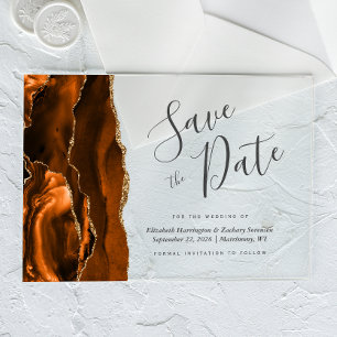 Modern Burnt Orange Gold Agate Save the Date Card Acrylic Invitations