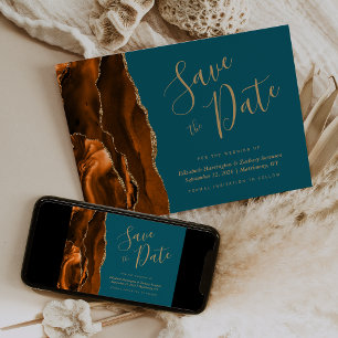 Modern Burnt Orange Gold Agate Teal Save the Date Invitation