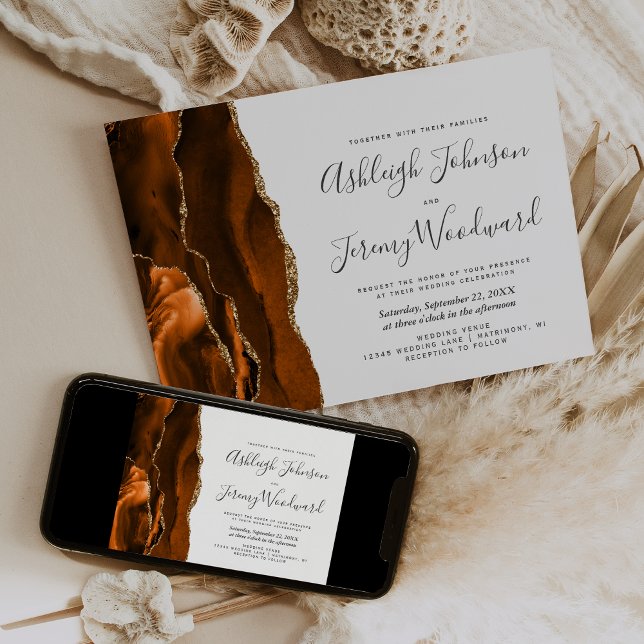 Modern Burnt Orange Gold Agate Wedding Invitation (Creator Uploaded)