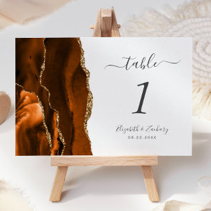 Modern Burnt Orange Gold Agate Wedding Table Number