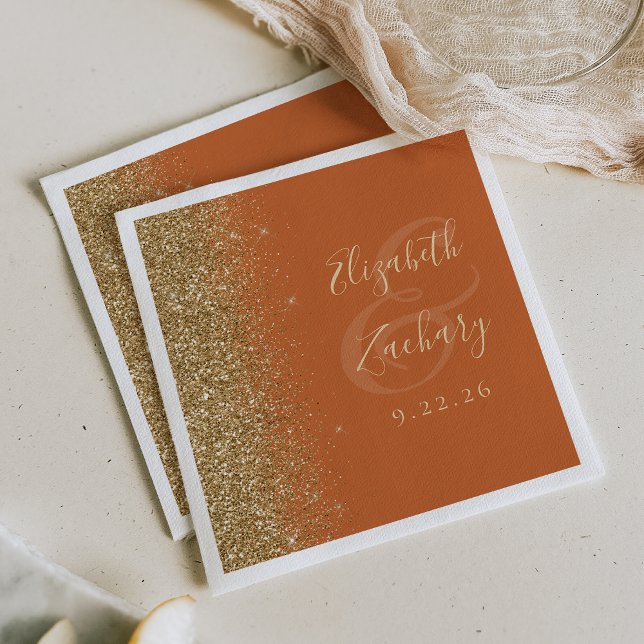 Modern Burnt Orange Gold Glitter Edge Wedding Napkin (Creator Uploaded)