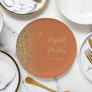 Modern Burnt Orange Gold Glitter Edge Wedding Paper Plate