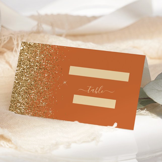 Modern Burnt Orange Gold Glitter Edge Wedding Place Card (Creator Uploaded)
