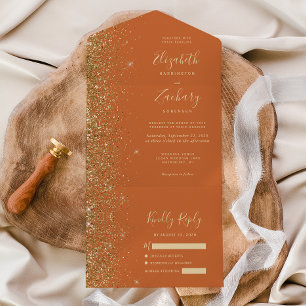 Modern Burnt Orange Gold Glitter Wedding All In One Invitation