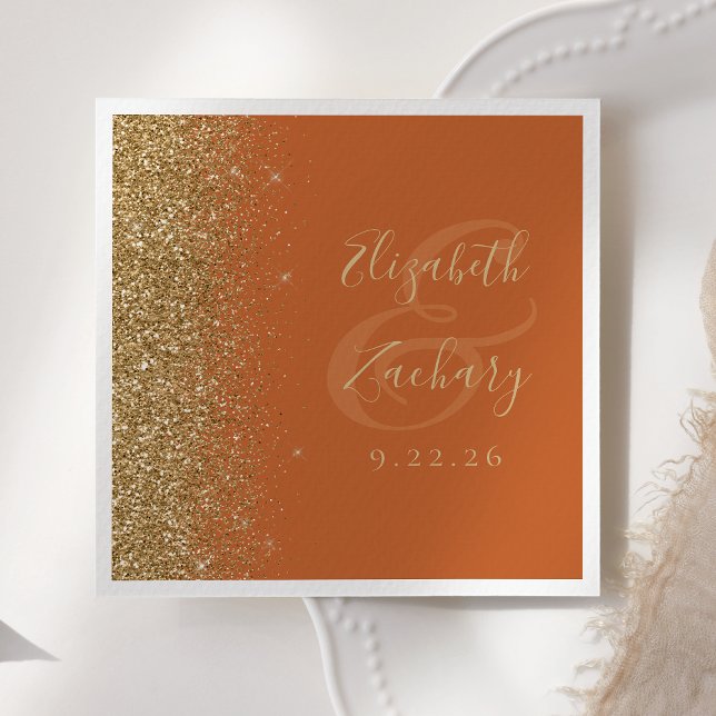 Modern Burnt Orange Gold Glitter Wedding Napkin (Creator Uploaded)